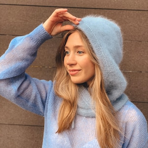 Knitted hood, balaclava, hat. Self made. Angora wool fluffy balaclava hat. A voluminous, very beautiful hood. image 15