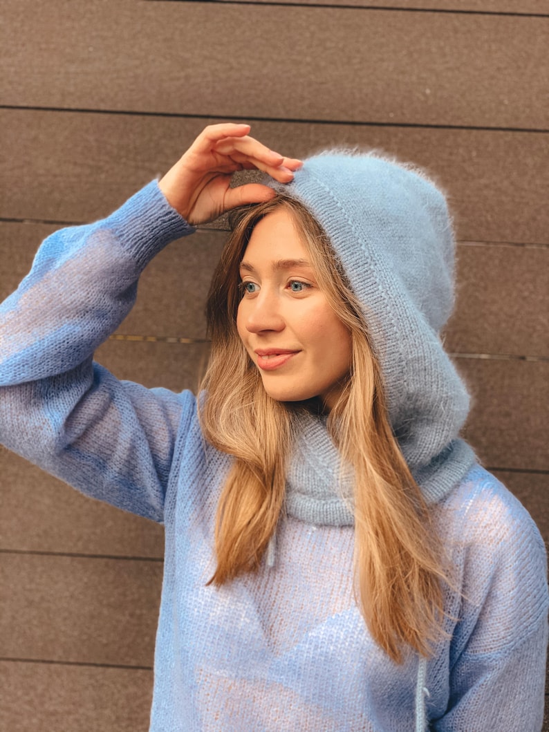 Knitted hood, balaclava, hat. Self made. Angora wool fluffy balaclava hat. A voluminous, very beautiful hood. image 15