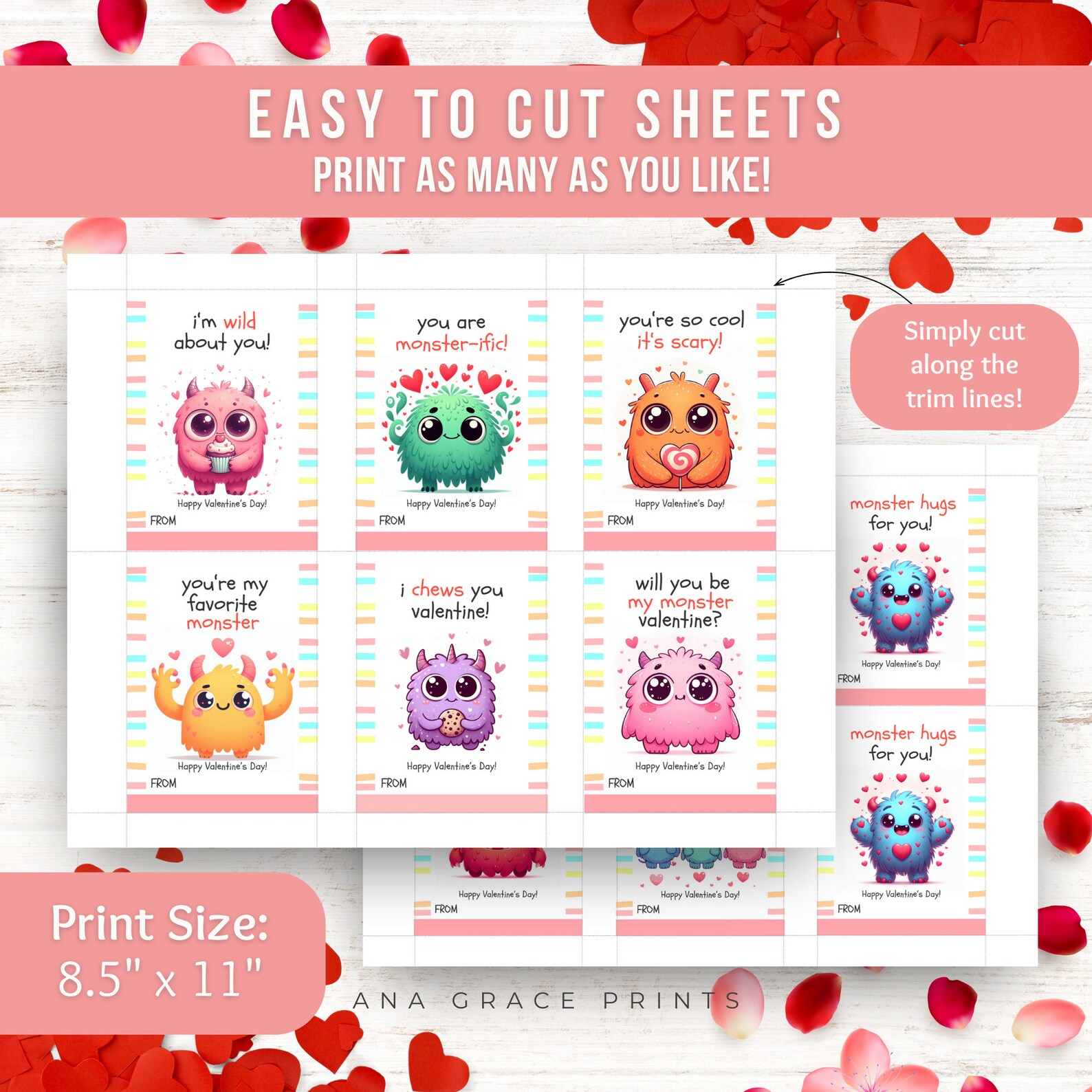 Little Monsters Printable Monster Valentine's Day Cards INSTANT ...