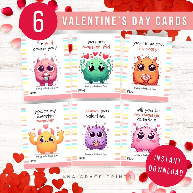 Little Monsters Printable Monster Valentine's Day Cards INSTANT DOWNLOAD Classroom Valentines ...