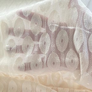 May include: Close-up of sheer white fabric with a repeating pattern of oval shapes. The fabric is delicate and translucent, allowing a glimpse of the background. The design creates a textured, airy appearance, suitable for curtains or apparel.