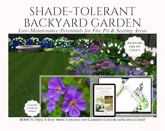 May include: A digital illustration of a backyard garden design featuring a fire pit and seating area. The design incorporates a range of shade-tolerant perennials, including purple flowers and green foliage. The text "BACKYARD FIRE PIT LAYOUT" is included in the image.