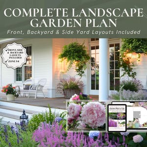 May include: A complete landscape garden plan with front, backyard, and side yard layouts. The image shows a white house with a porch, lush gardens, and a digital display of the garden plan. The text includes "Zone 5-8".