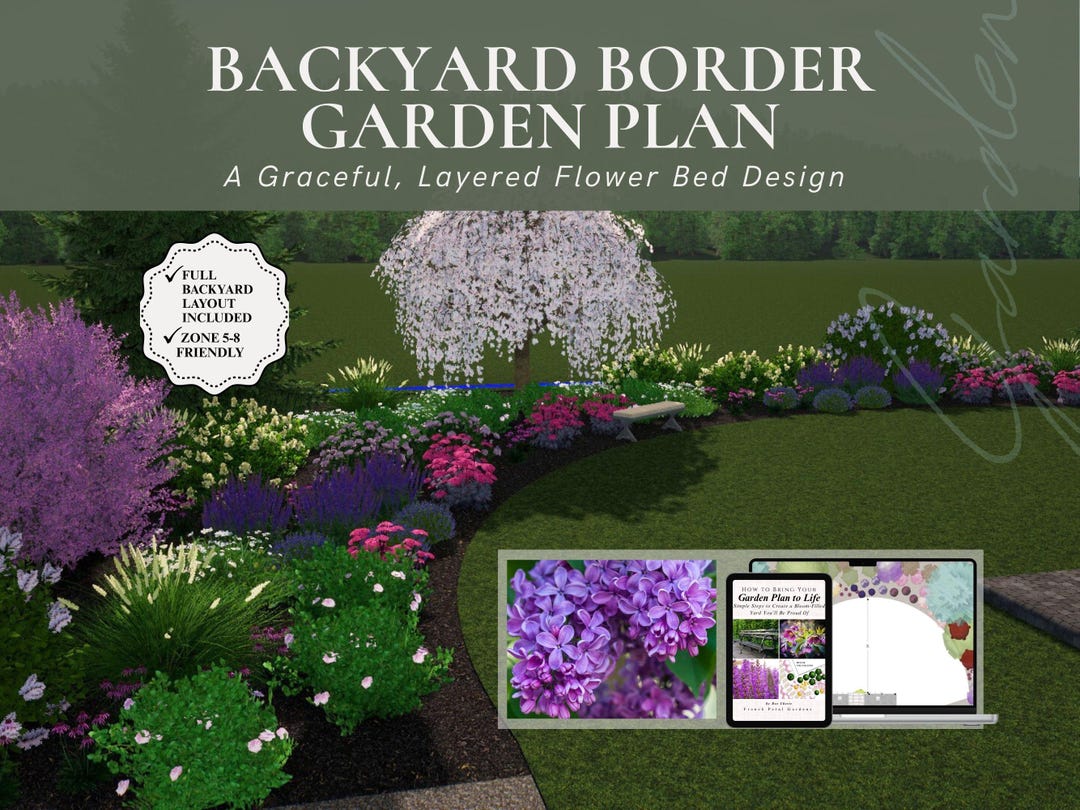 Backyard Border Garden Plan Long Flower Bed Landscape Planting Layout ...