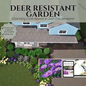 Diseño de jardín delantero, plano de jardín a pleno sol, diseño de paisaje resistente a los ciervos, zonas 5-8, plano de jardín, ideas para el patio