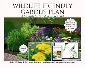 May include: A garden plan with a blueprint design, featuring a variety of plants and flowers. The plan includes a quick-start guide and a bonus 5-day mini-course on garden colour linking. The text "WILDLIFE-FRIENDLY GARDEN PLAN" is at the top of the image.
