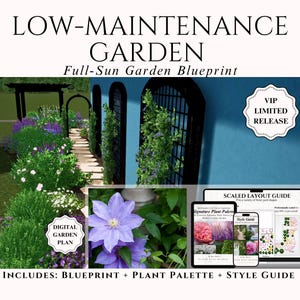 Low Maintenance Garden Plan Full Sun DIY Flower Bed Easy Landscape Design for Front Yard with Signature Plant Palette + Blueprint