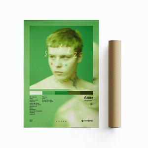 May include: A green poster featuring a photograph of a person against a light green background. The poster includes the text "Starz" and a list of song titles: "My Agenda", "Pikachu", "Yore", "Sunlit Sunrise", "Breathe In, Breathe Out", "Violence", "Put Me In A Spoil", "Gotta My Head", "Acid At 11:11", "Hollow", "Red Wine Paradise", "Dogging", "Empathy", "Sweetheart".