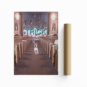 May include: A dog runs down the aisle of a church. The word "TRICK" is written in blue letters on the wall.