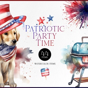 Clipart de acuarela del tiempo del partido patriótico, lindo clipart de invitación del 4 de julio, Día de la Independencia navideña de alta calidad, maqueta de acuarela