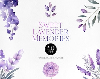 Söta lavendelminnen akvarell Clipart, söt bröllopsinbjudningsclipart, högkvalitativ blommig clipart, blompaket clipart