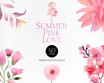 Sommarrosa kärlek akvarell Clipart, söt bröllopsinbjudningsclipart, högkvalitativ blommig clipart, blompaket clipart