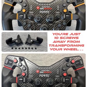 May include: A black and carbon fibre racing wheel with orange and red accents, featuring multiple buttons and dials. The wheel has the text "ASETEK SIM SPORTS FORTE". Below, there are two black brackets and screws. The text reads "YOU'RE JUST 10 SCREWS AWAY FROM TRANSFORMING YOUR WHEEL..."