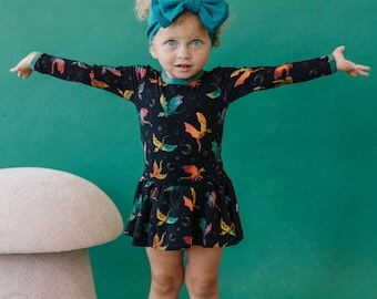 Dreamy Dragons Baby Bodysuit Dress – Soft Bamboo Viscose, Snap Bottom