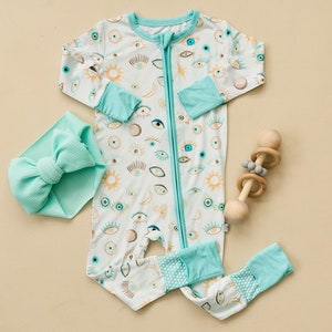 Blå onda ögonen bambu pyjamas sparkdräkt för baby, dragkedja, konvertibel fotis