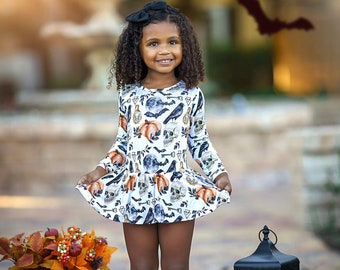 Girls Bamboo Halloween Twirl Dress, Skulls & Pumpkins Party Costume