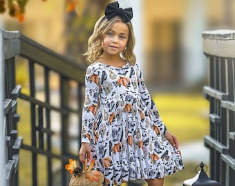 Girls Halloween Bamboo Twirl Dress, Skulls and Pumpkins Party Costume