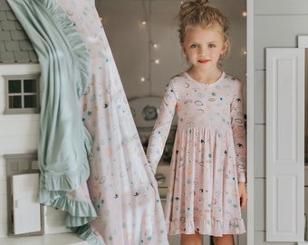 Girls Pink Bamboo Evil Eye Twirl Dress, Birthday Party Outfit