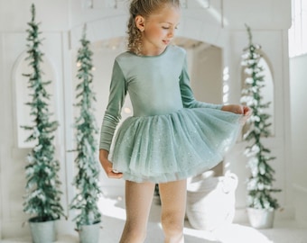 Girls Sage Green Velvet Tutu Bodysuit, Fairy Costume, Dress Up, Holiday Outfit