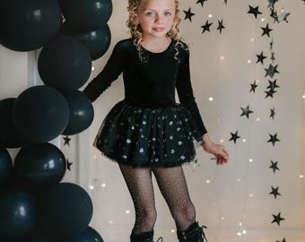 Girls Black Velvet Star Tutu Bodysuit, Witch Costume, Black Cat Outfit, Halloween