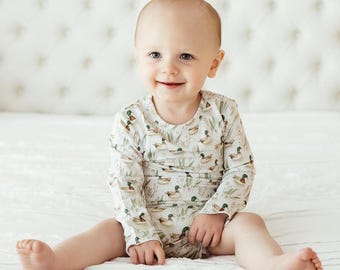 Organic Bamboo Baby Bodysuit – Mallard Duck Print, Long Sleeve