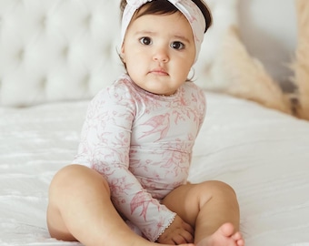 Organic Bamboo Baby Bodysuit - Pink Toile Print Long Sleeve