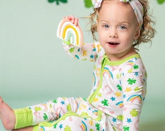 St Patrick's Day One Piece Zip-Up Bamboo Romper Pajamas for Babies & Toddlers, Shamrocks, Rainbows, Bamboo Zippies, Bamboo Zippered Baby