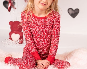 Red Paisley Hearts Two Piece Kids Bamboo Pajama Set For Valentine's Day- Perfect Gift For Girl