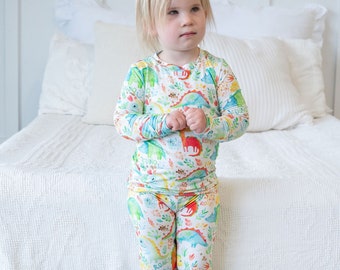 Dinosaur print Bamboo Children's Unisex Pajamas  |  Bamboo Toddler Pajamas | Dinosaur Two-Piece Kids Pajamas | Kids PJs, Baby Bamboo Pajamas