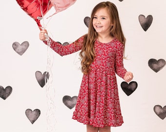 Celebrate Love With Our Red Paisley Hearts Bamboo Twirl Dress for Girls- Perfect for Kids Valentine's Dress, Party Dress or Play Dress