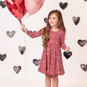 Celebrate Love With Our Red Paisley Hearts Bamboo Twirl Dress for Girls- Perfect for Kids Valentine&#39;s Dress, Party Dress or Play Dress