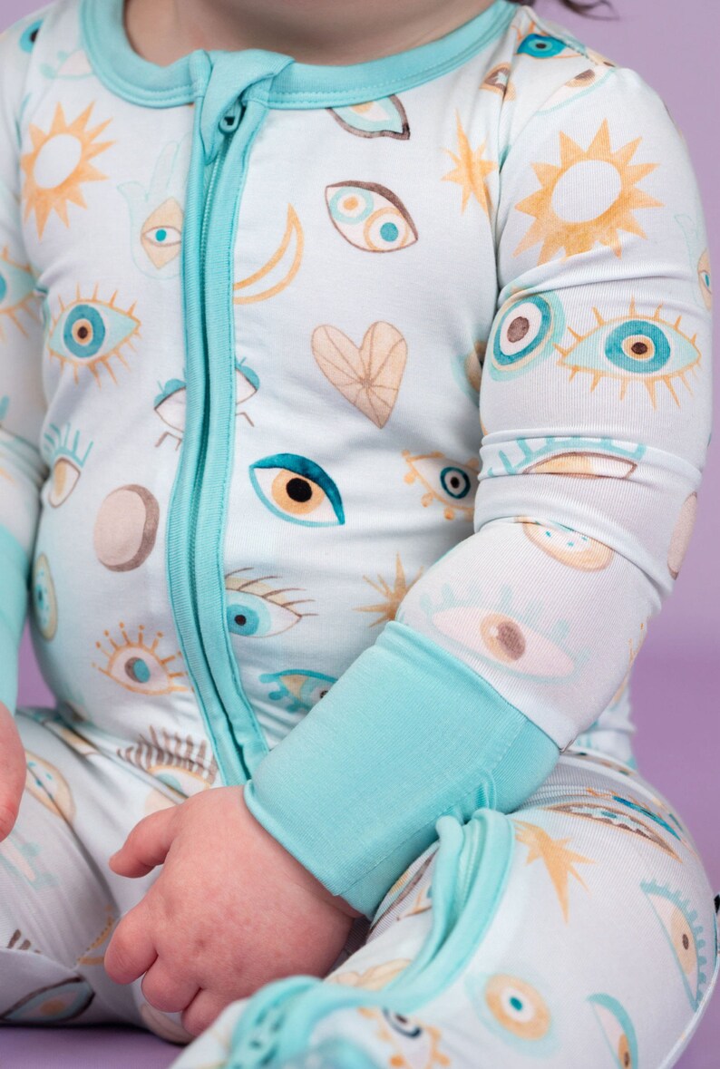 Unisex Blue Evil Eye Bamboo One Piece Zip Up Pajama Romper, Slumber Party Pajamas, Cottagecore Kids Pajamas, Gift for baby and Toddler image 3
