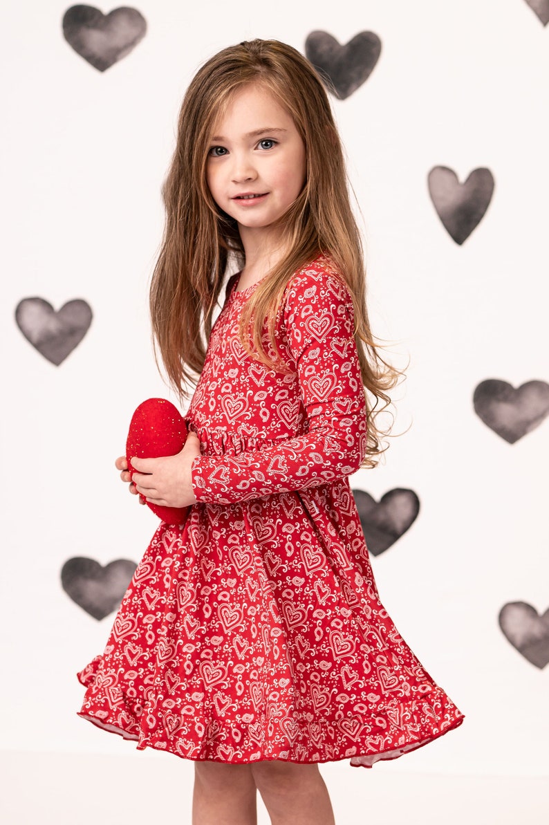 Celebrate Love With Our Red Paisley Hearts Bamboo Twirl Dress for Girls Perfect for Kids Valentine's Dress, Party Dress or Play Dress image 2