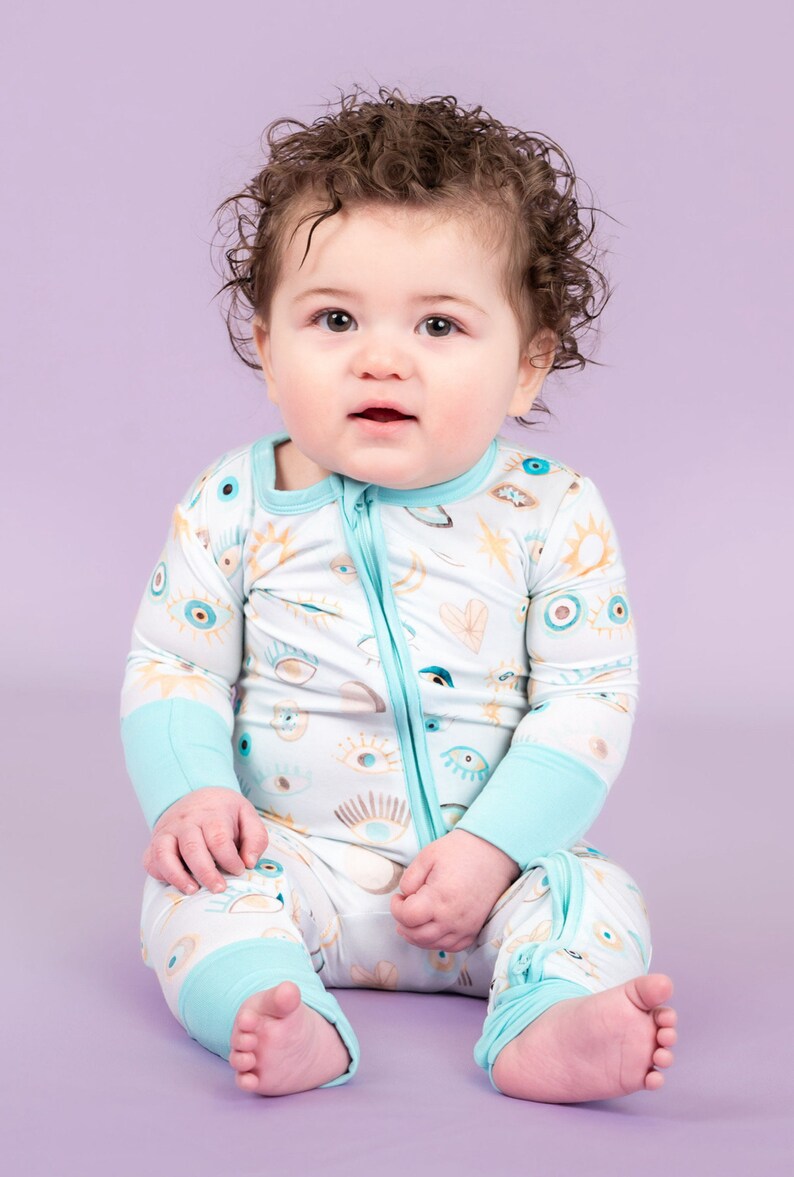 Unisex Blue Evil Eye Bamboo One Piece Zip Up Pajama Romper, Slumber Party Pajamas, Cottagecore Kids Pajamas, Gift for baby and Toddler image 4