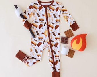 S’mores Print Bamboo Baby Pajamas - Soft Long Sleeve Zipper PJs