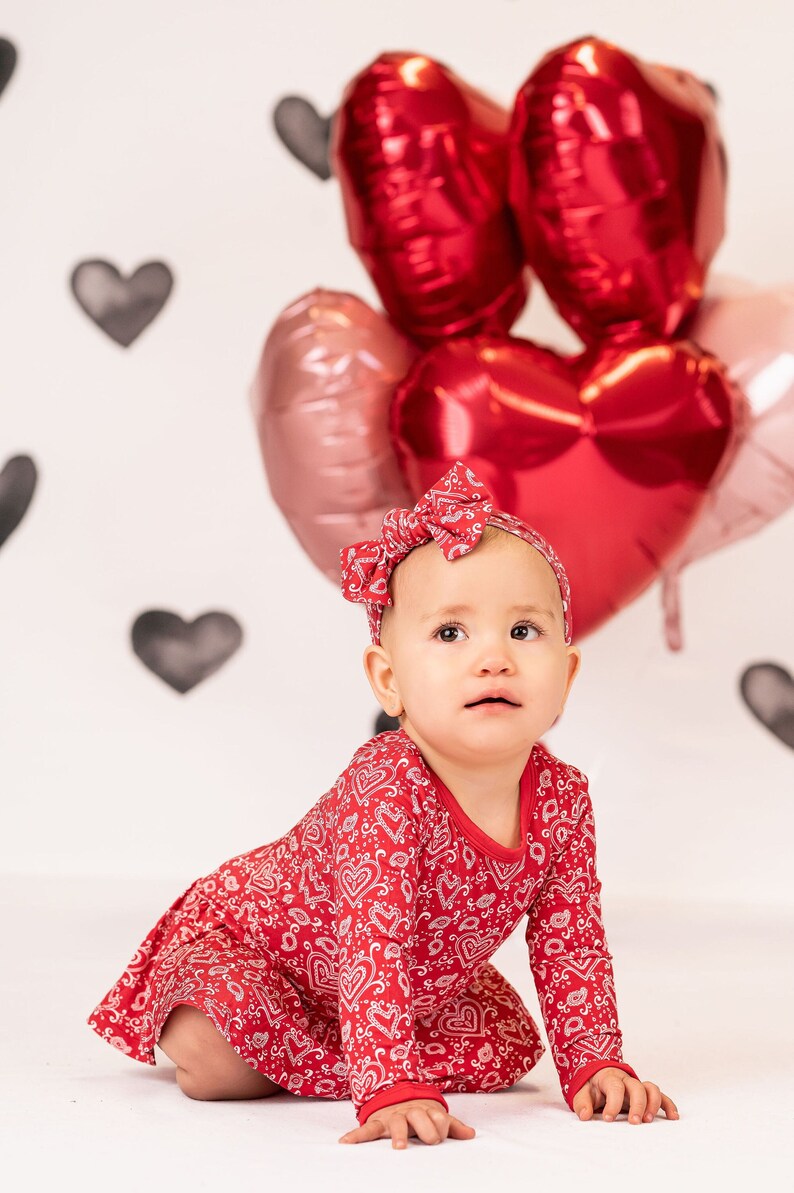 Valentine's Day BambooBsby Girls Skirted Bodysuit Dress Romper in a Red Paisley Heart Design. Perfect for Baby's First Valentine's Day Outfit. Great Gift for New Baby Girl Gift