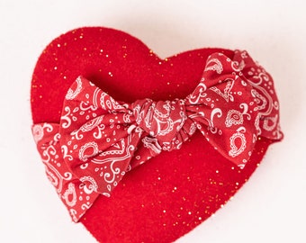 Red and White Paisley Hearts knotted Hair Bow Headband- Perfect Valentine's Day Accessory