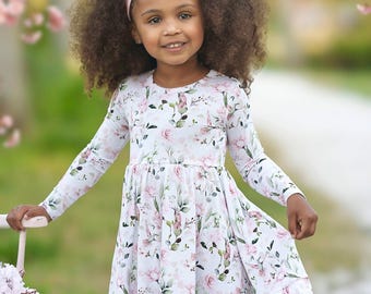 Watercolor Hummingbirds & Flowers Girls Twirl Dress – Soft Bamboo Viscose, Baby and Toddler Sizes, Matching Family Collection, Ideal Gift