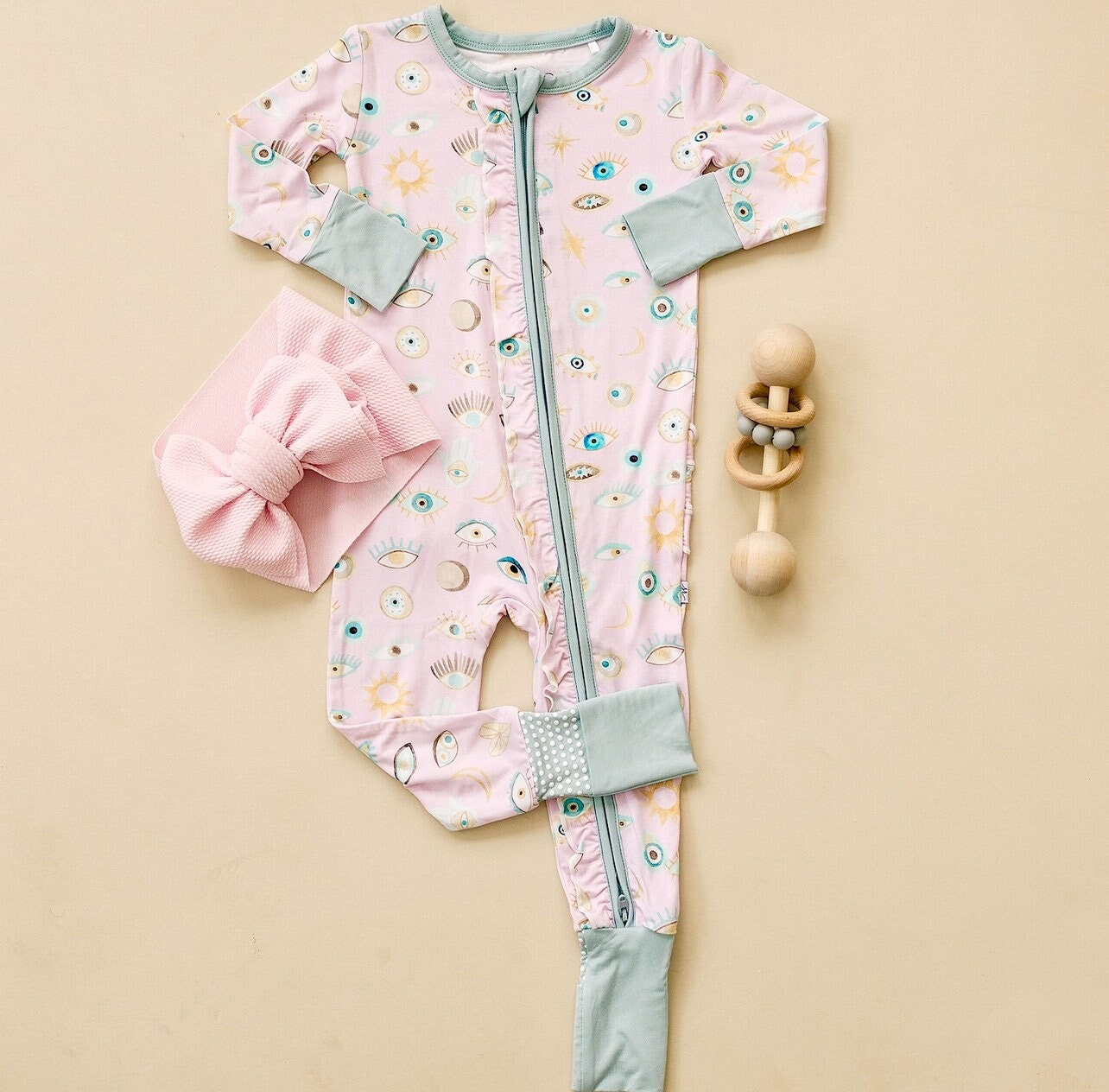 Girls' Pink Evil Eye Bamboo Pajama Romper, Zip Up One Piece