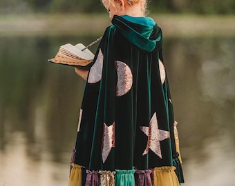 Green Velvet Witch Cape for Kids & Adults | Woodland Halloween Witch Costume Cloak