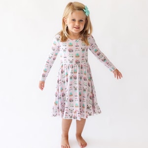 I Love Cats Multicolor Bamboo Twirl Dress for Girls – Long Sleeve, Ruffle Edge – Perfect for Cat Lovers - Girls Clothing - Toddler Clothing