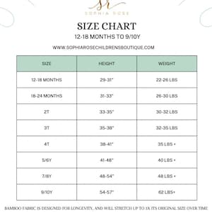May include: A size chart from Sophia Rose for children's clothing, detailing sizes from 12-18 months to 9/10Y. The chart includes height in inches and weight in pounds for each size. The website address is also included.