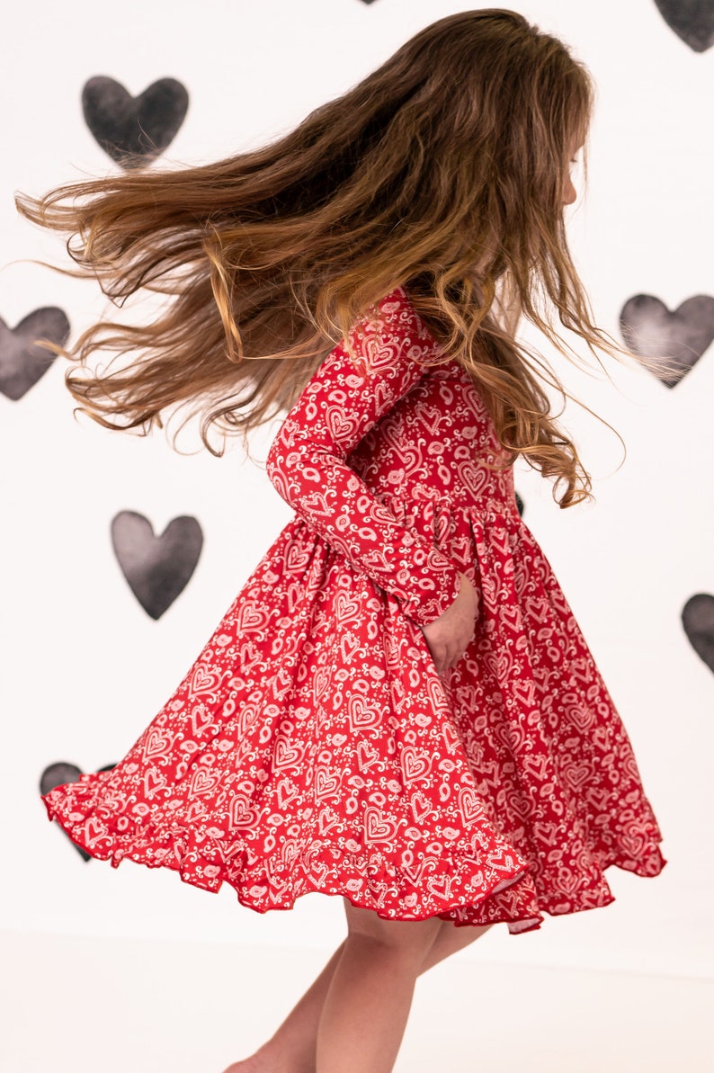 Celebrate Love With Our Red Paisley Hearts Bamboo Twirl Dress for Girls Perfect for Kids Valentine's Dress, Party Dress or Play Dress image 4