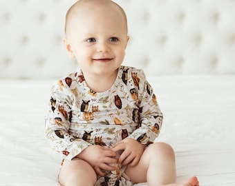 Woodland Owls Bamboo Baby Bodysuit – Unisex Long Sleeve, Sleepy Hollow Design