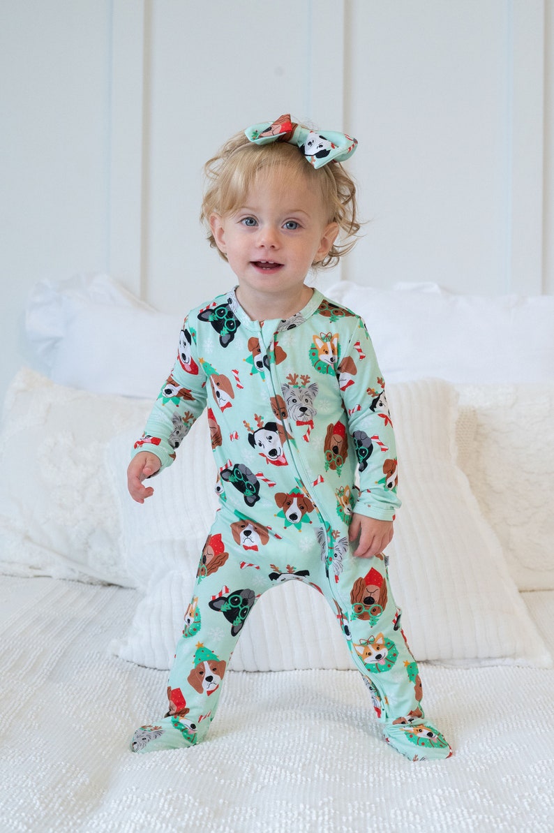 Family Matching Christmas Pajama, One-Piece Zip Up footie EcoFriendly Baby Romper Unisex Baby Christmas Pajamas, Babys First Christmas image 1