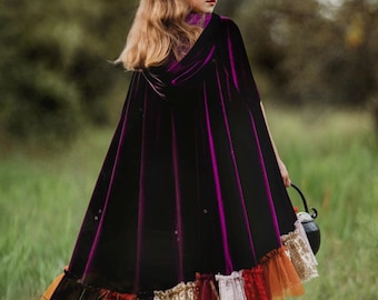 Purple Velvet Witch Cape for Kids & Adults | Hooded Halloween Costume Cloak