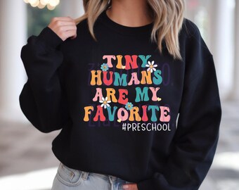 Retro Groovy Tiny Humans Preschool Teacher PNG, Sublimation Design (Digital Download)