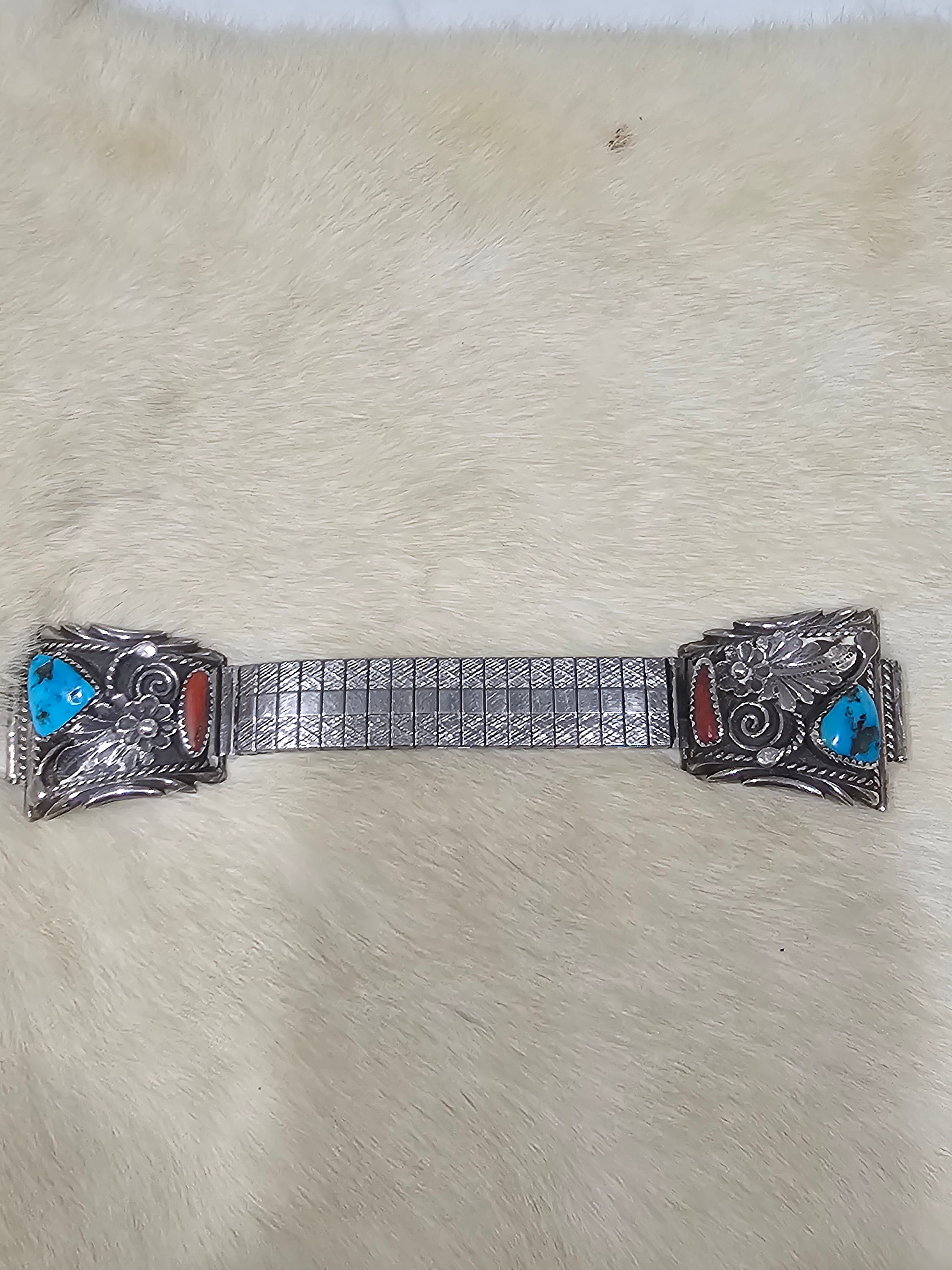 Vintage Beautiful Turquoise and Coral watch band Old Pawn Vintage Navajo Turquoise, Coral & Sterling Silver  main image 3