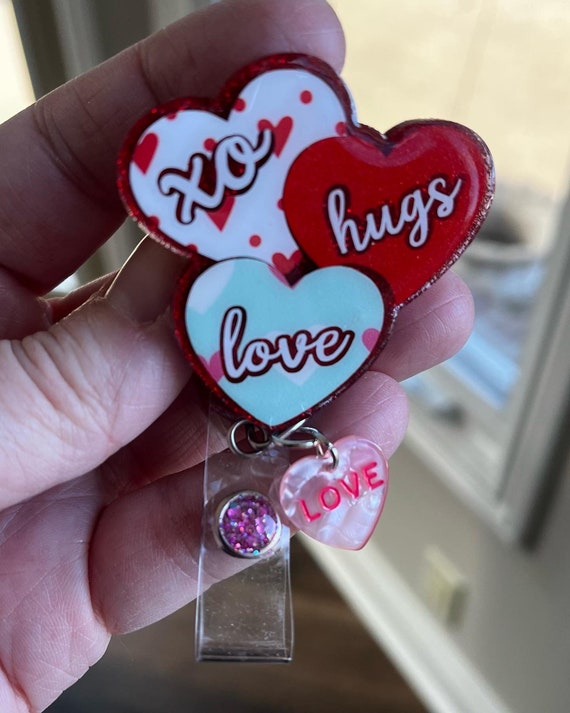Conversation Hearts Badge Reel, Nurse Heart Badge Reel, Triple Hearts, Retractable Badge Reel, Valentine Pin, Valentine's Day Gift