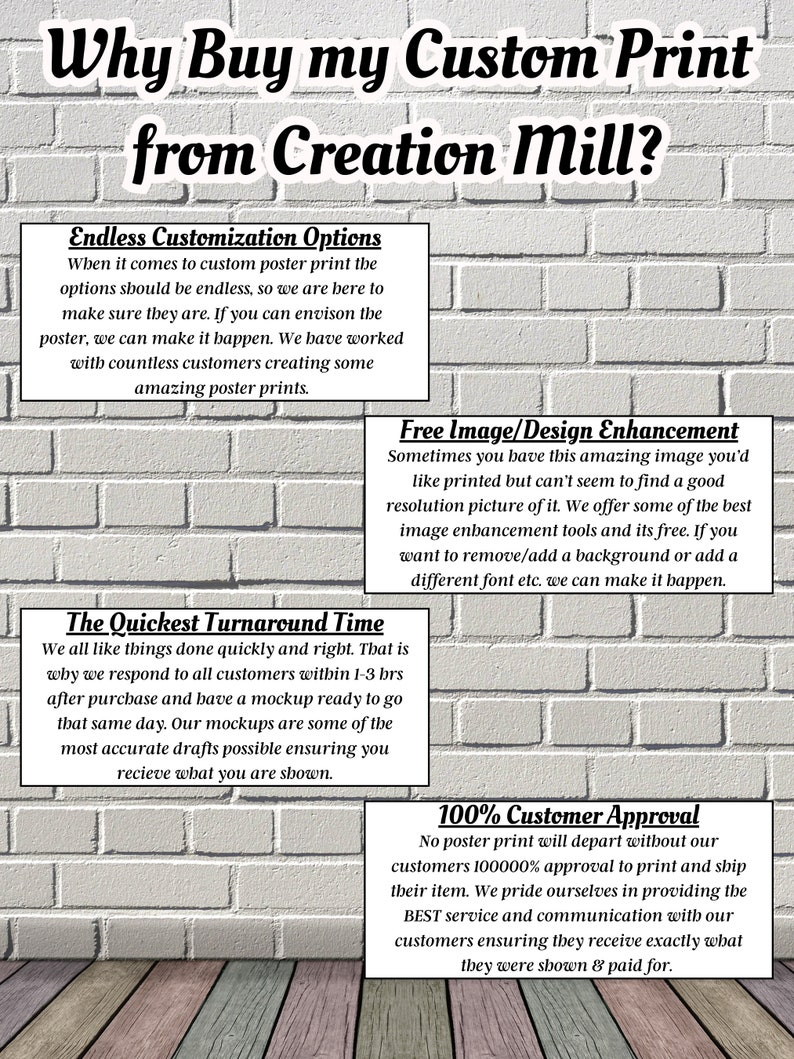 Puede incluir: Gr&aacute;fico promocional sobre un fondo de pared de ladrillo, que anuncia servicios de impresi&oacute;n personalizados de Creation Mill. El texto destaca las opciones de personalizaci&oacute;n, la mejora gratuita de im&aacute;genes, la r&aacute;pida entrega y la aprobaci&oacute;n del cliente.